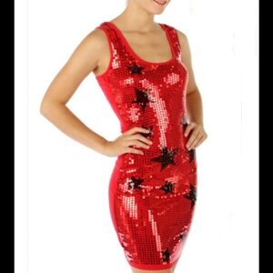 Red And Black Sequin Sparkle Stars Bodycon Mini Party Dress Women's Medium